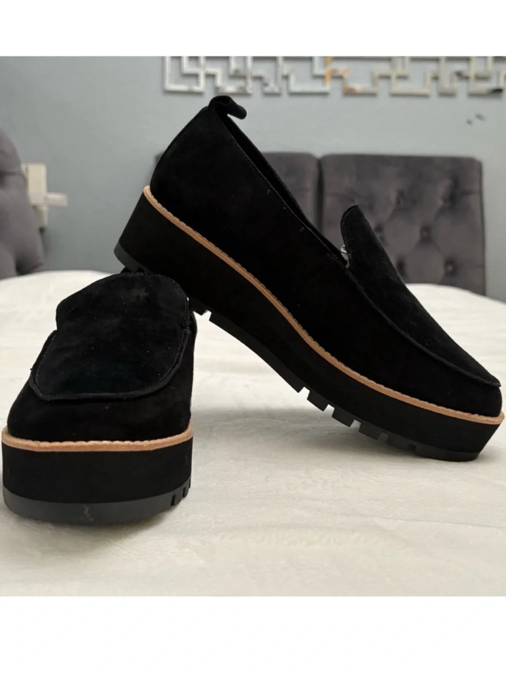 Eileen Fisher Ells Black Suede Platform Loafers - Women's Slip-On Comfort Sz 8.5